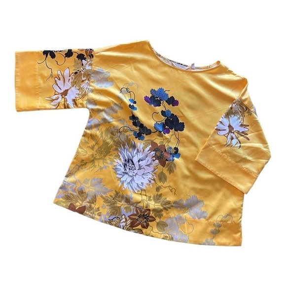 Soft Surroundings Tahitian Floral Print Golden Yellow Top Kimono Style Sleeves M - Picture 1 of 12